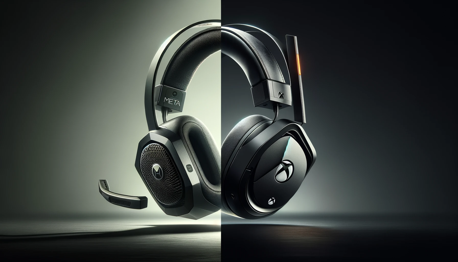 Split-screen image with Meta Quest 2 headset on the left and Xbox Wireless Headset on the right. The Meta Quest 2 showcases its sleek, modern design, while the Xbox headset displays its unique gaming-focused aesthetic, both with prominent branding and comfortable ear cups.